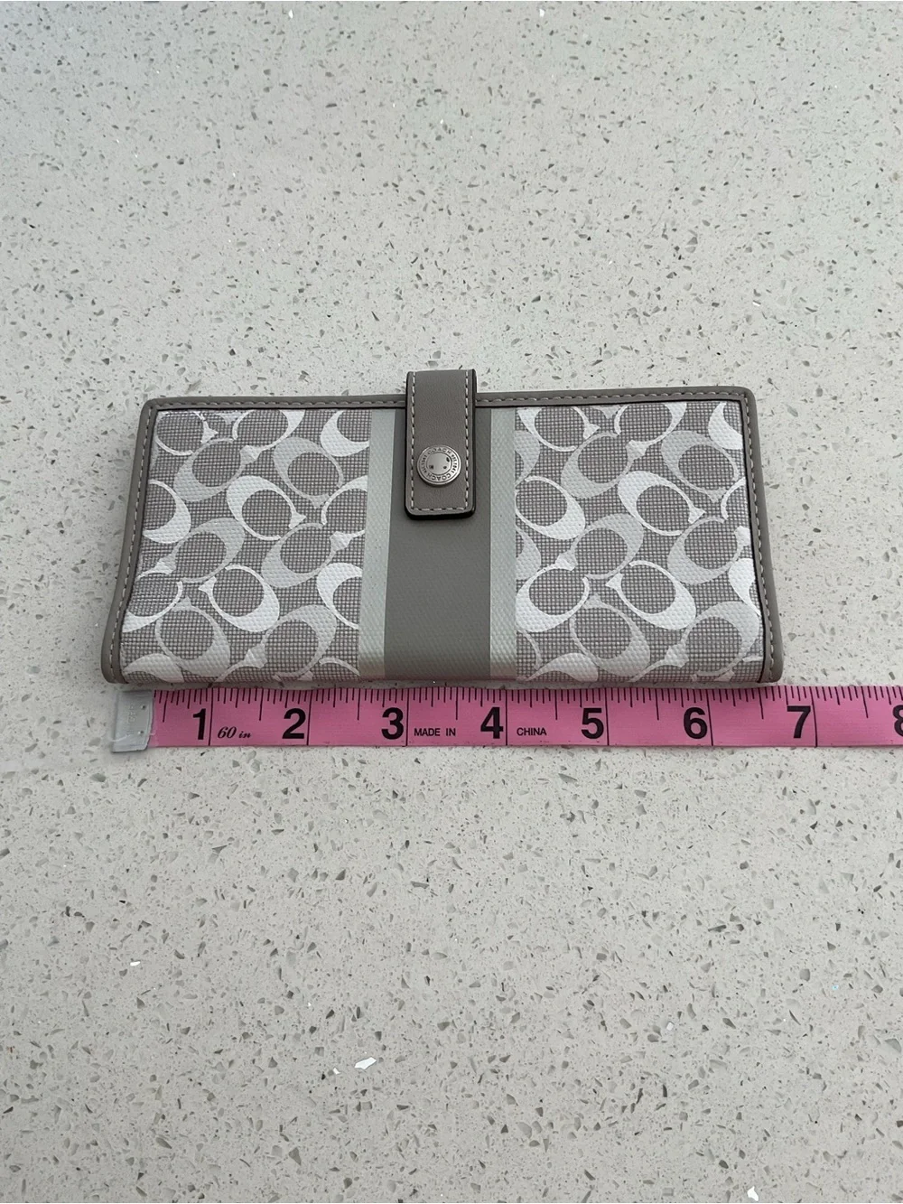 Coach Signature Stripe Continental Wallet in Gray and White